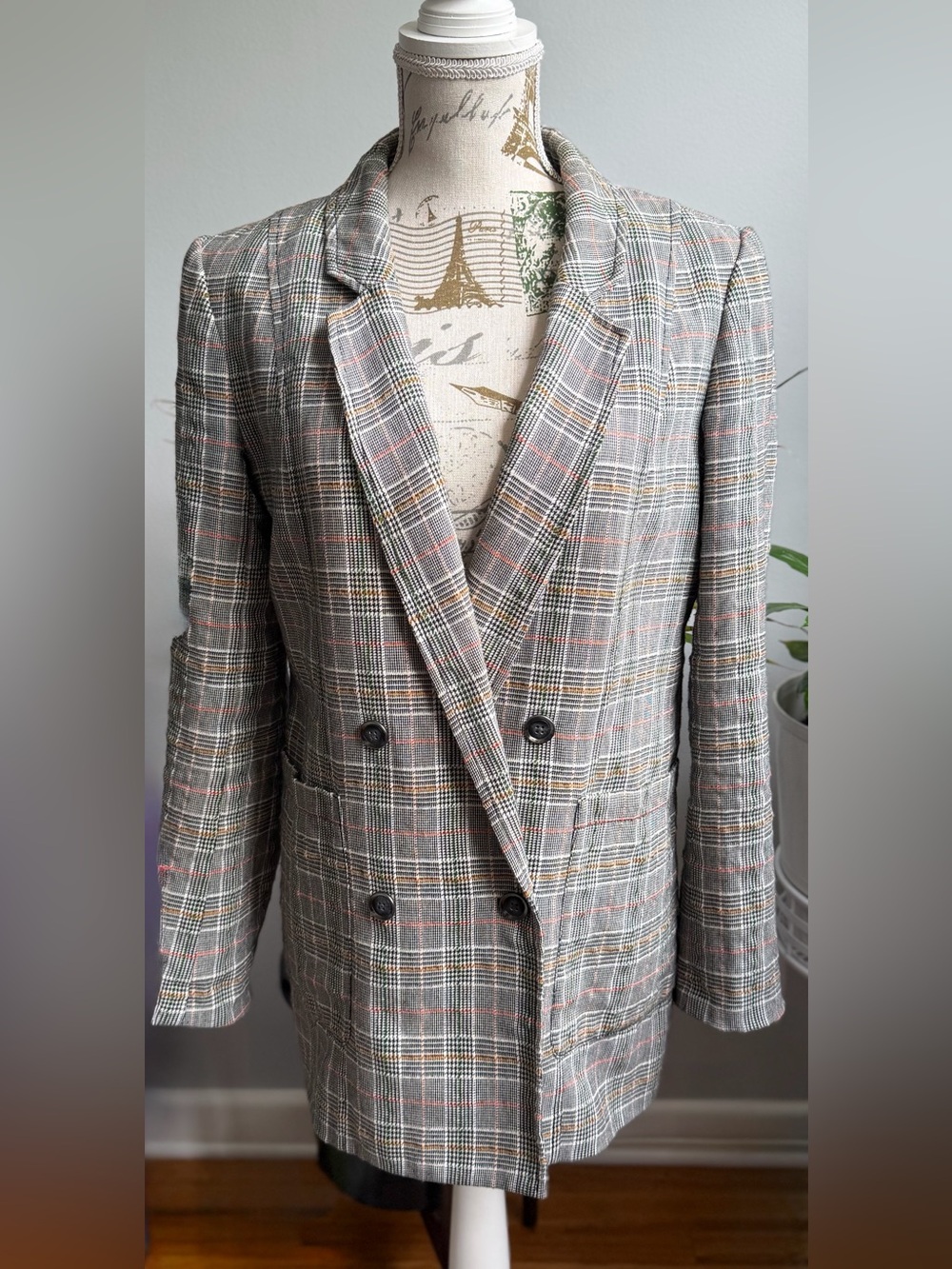 Maeve Anthropologie Plaid Double Breasted Blazer Size 6 Gray Check Career Jack